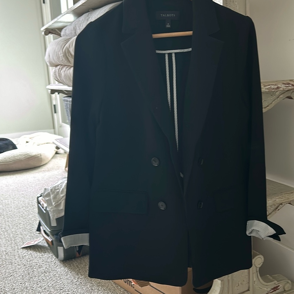 Black stretch crepe doublee breasted travel jacketed from Talbots